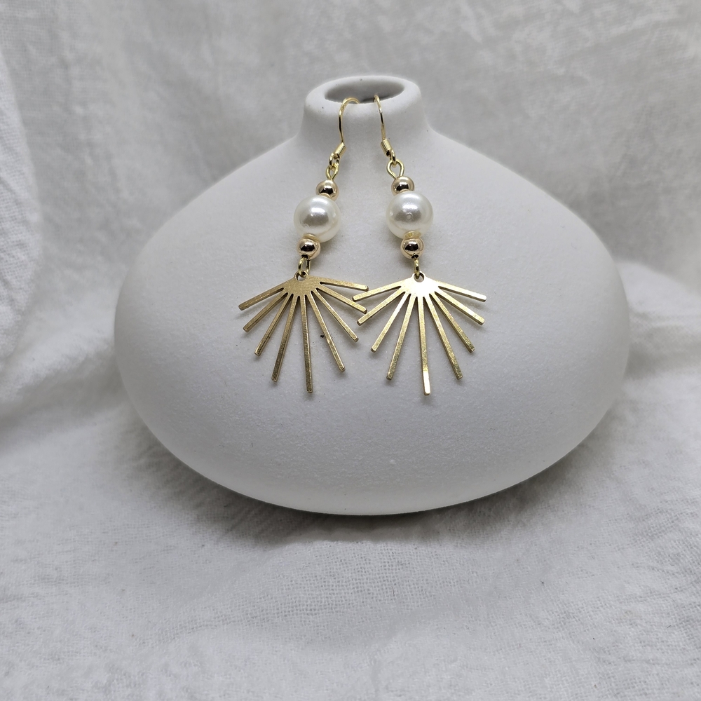 Gold Pearl Fan Drop Earrings - Women Jewelry